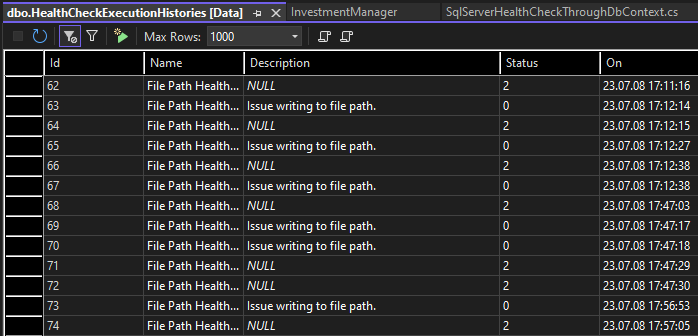 Health check history stored in database